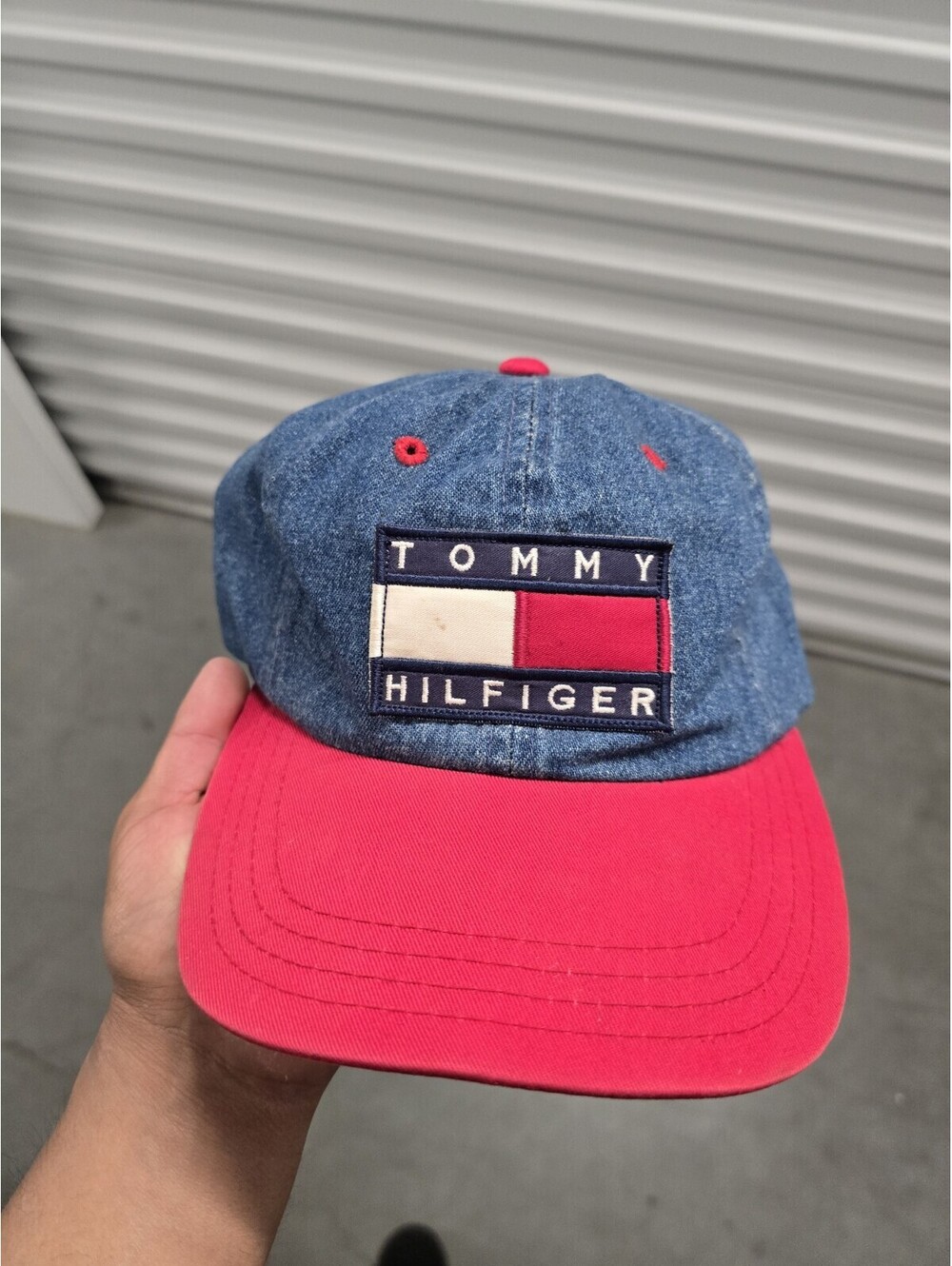 Vtg 90s Tommy Hilfiger Big Patch Logo Denim SnapBack Hat Cap Spell Out